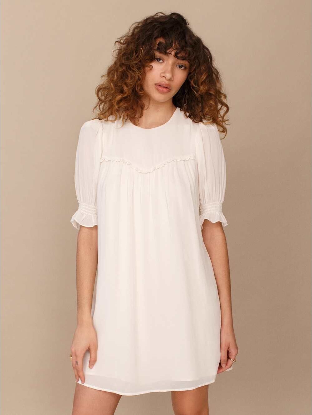 REFORMATION | Conrad Dress | Ivory Smocked Sleeve Ruffle Mini | Size 6 | NWOT